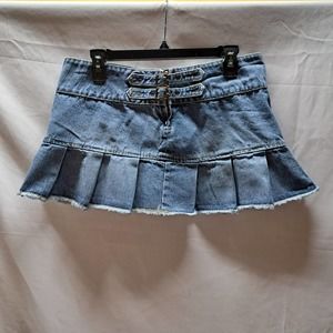 Y2K Let Me B Denim Micro Mini Jean Flounce skirt Double buckle zip closure  9